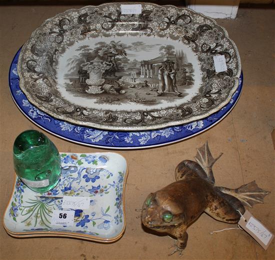 Stuffed frog, green glass dump weight, pair of Wedgewood dishes, large blue & white turkey platter and  a classical platter